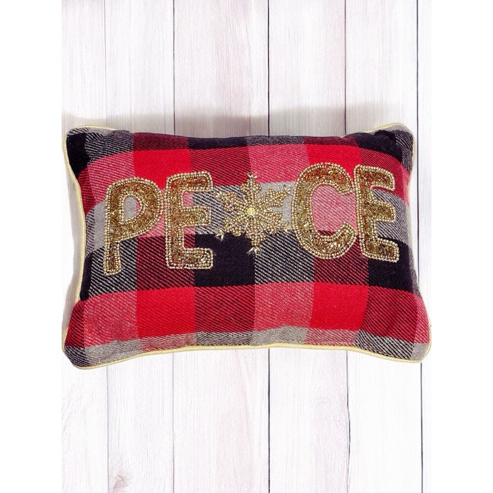 Plaid Peace Snowflake Gold Beaded Cherished Traditions  Decorative Pillow EUC